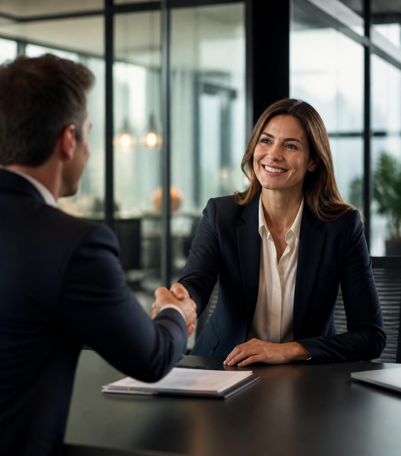 Hiring manager verwelkomt een kandidaat na een geslaagde case-presentatie
